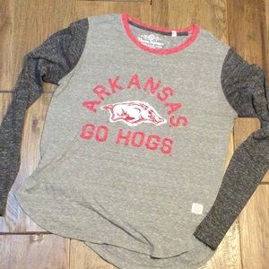 Arkansas Go Hogs baseball style shirt.